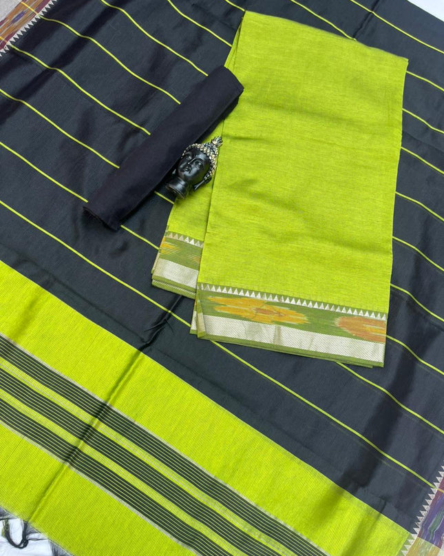 Mangalagiri Semi Pattu Dress Material with Pochampally Border – Green Colour
