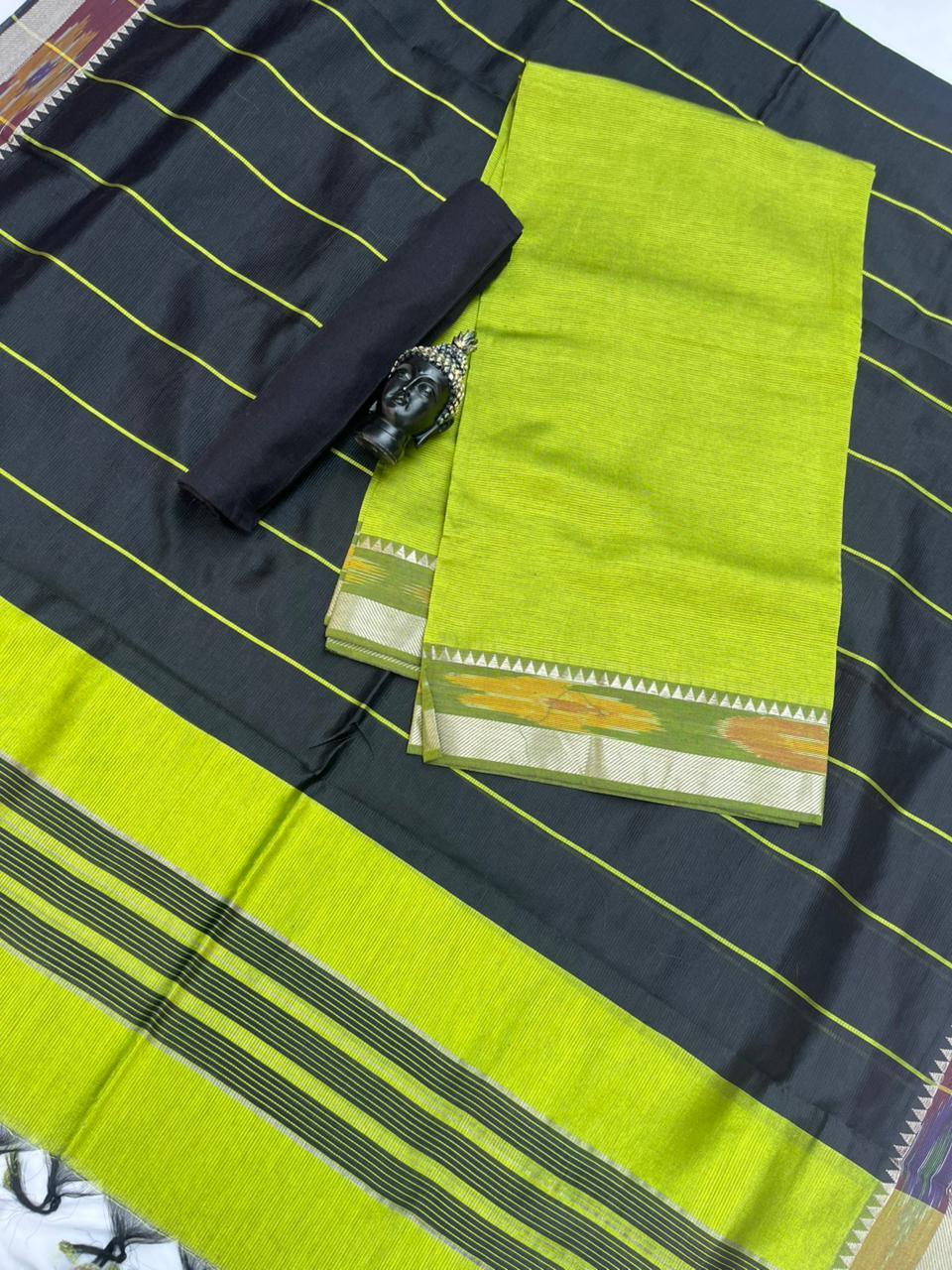 Mangalagiri Semi Pattu Dress Material with Pochampally Border – Green Colour