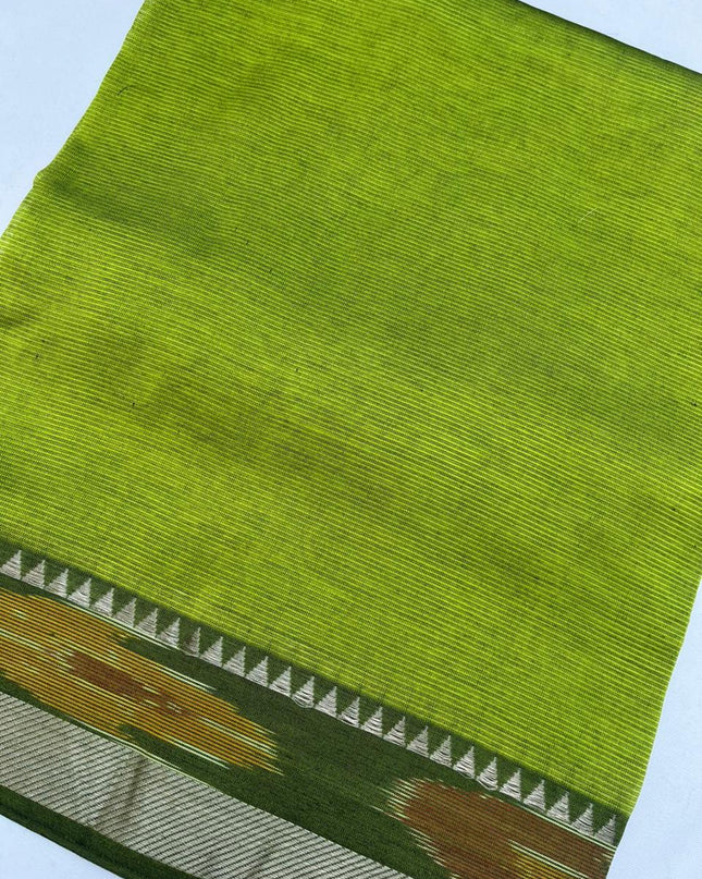 Mangalagiri Semi Pattu Dress Material with Pochampally Border – Green Colour