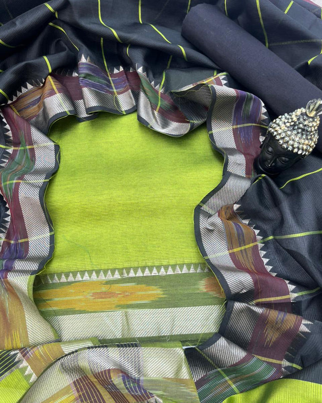 Mangalagiri Semi Pattu Dress Material with Pochampally Border – Green Colour