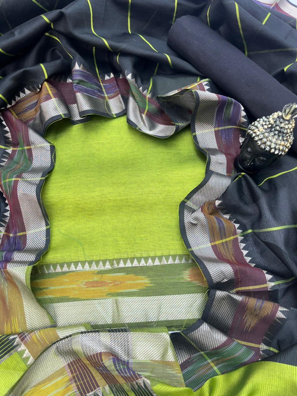 Mangalagiri Semi Pattu Dress Material with Pochampally Border – Green Colour
