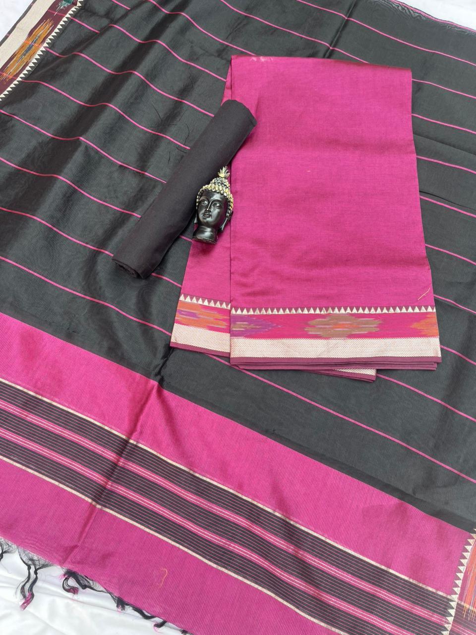 Mangalagiri Semi Pattu Dress Material with Pochampally Border – Pink Colour
