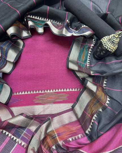 Mangalagiri Semi Pattu Dress Material with Pochampally Border – Pink Colour