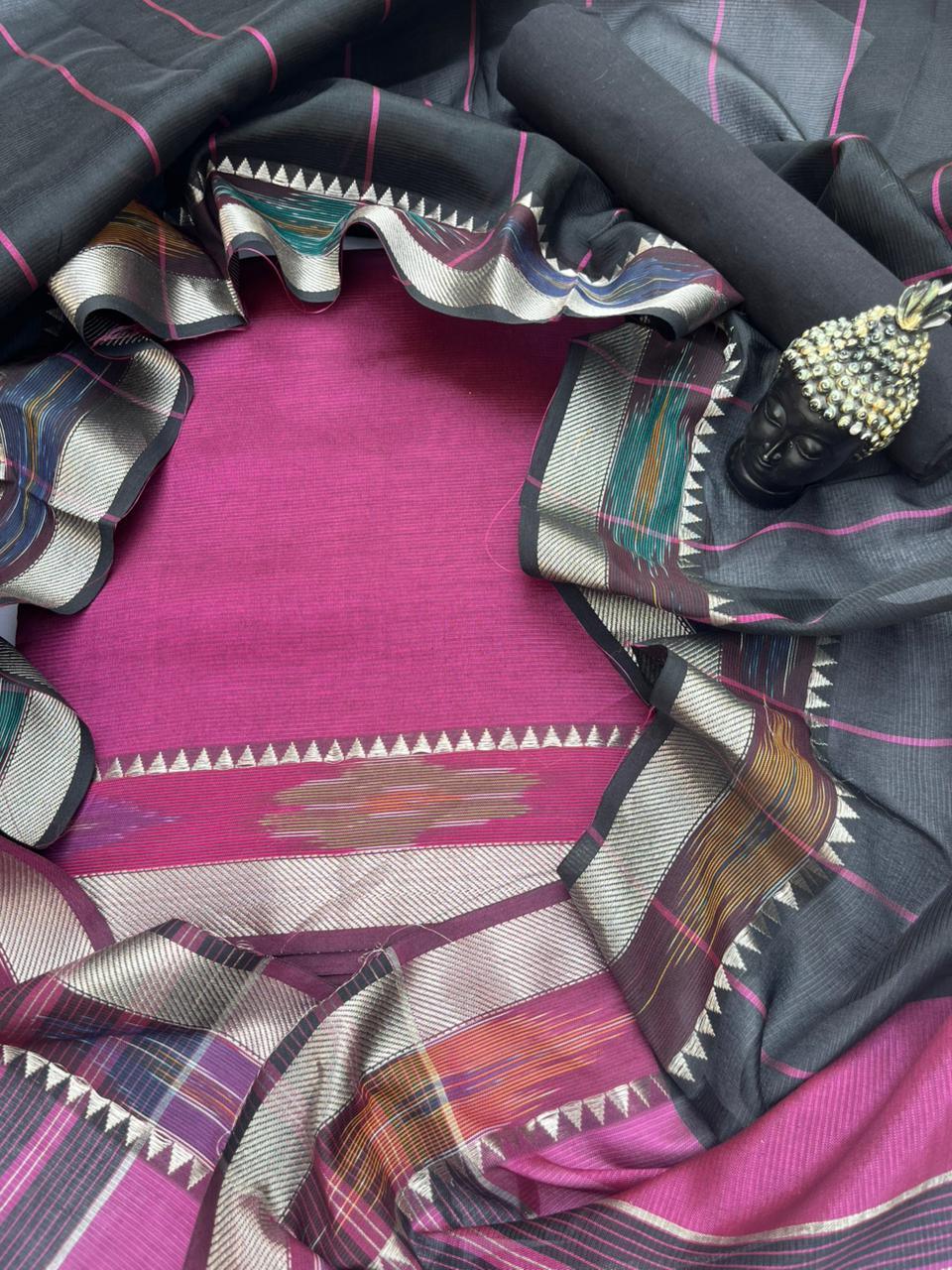 Mangalagiri Semi Pattu Dress Material with Pochampally Border – Pink Colour