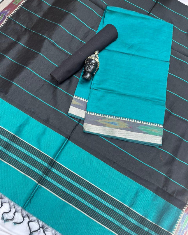 Mangalagiri Semi Pattu Dress Material with Pochampally Border – Sea Blue Colour