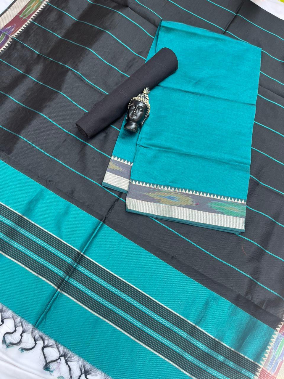 Mangalagiri Semi Pattu Dress Material with Pochampally Border – Sea Blue Colour