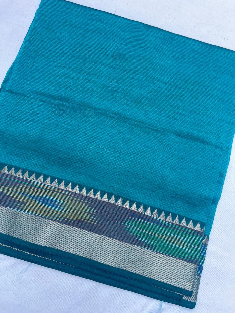 Mangalagiri Semi Pattu Dress Material with Pochampally Border – Sea Blue Colour
