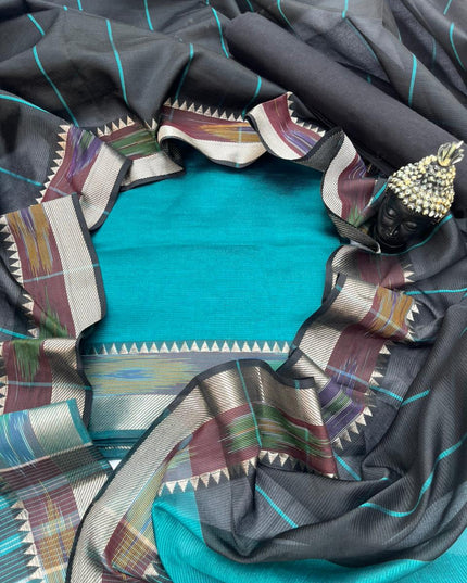 Mangalagiri Semi Pattu Dress Material with Pochampally Border – Sea Blue Colour