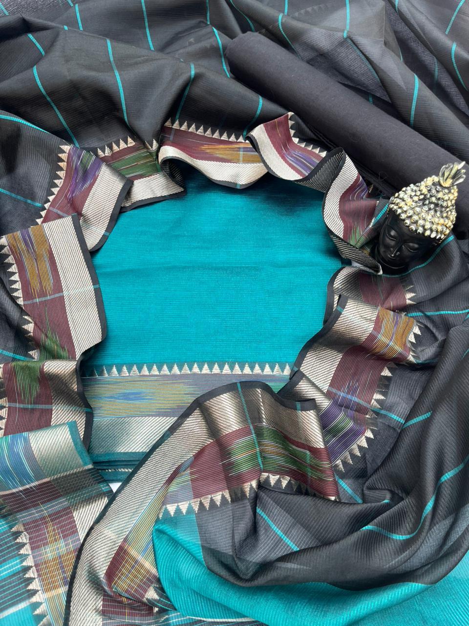 Mangalagiri Semi Pattu Dress Material with Pochampally Border – Sea Blue Colour