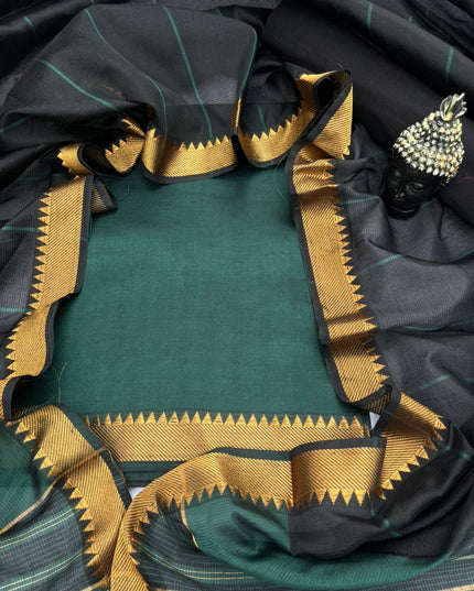 Mangalagiri Semi Pattu Dress Material with Zari Border – Dark Green Colour