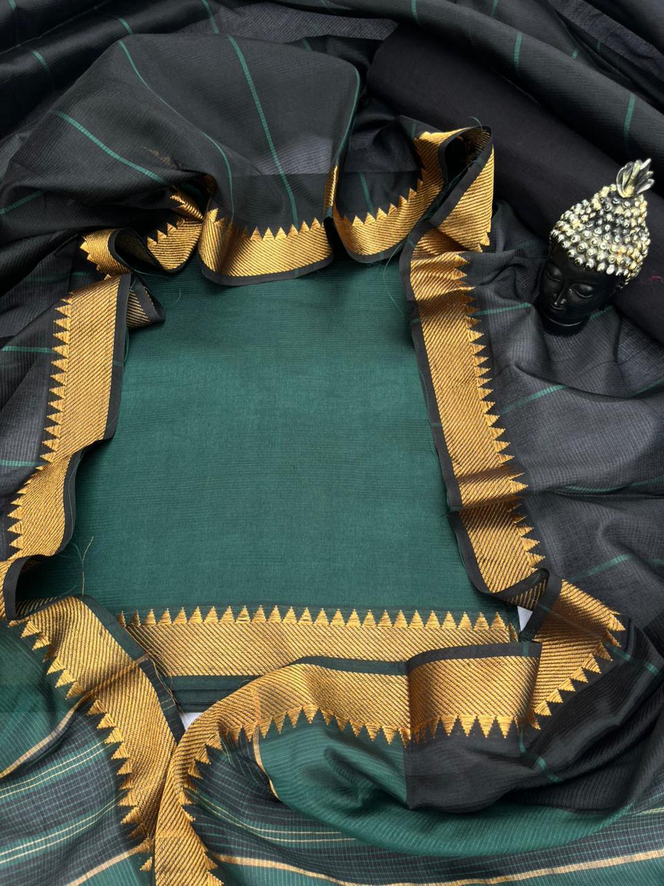 Mangalagiri Semi Pattu Dress Material with Zari Border – Dark Green Colour