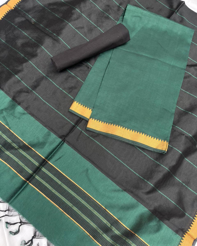 Mangalagiri Semi Pattu Dress Material with Zari Border – Dark Green Colour