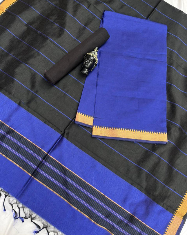 Mangalagiri Semi Pattu Dress Material with Zari Border – Royal Blue Colour