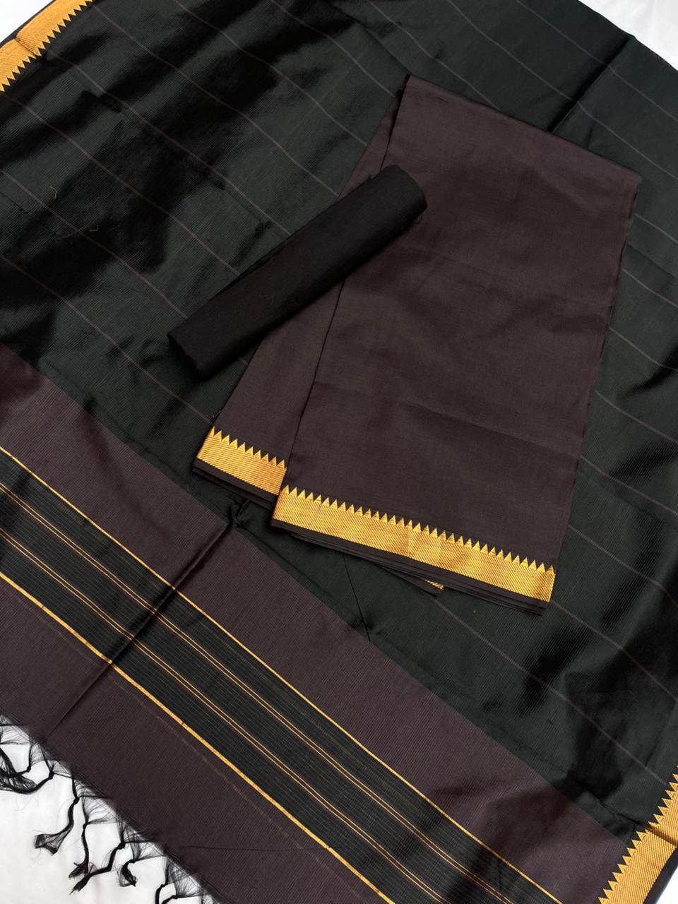 Mangalagiri Semi Pattu Dress Material with Zari Border – Dark Chocolate Colour