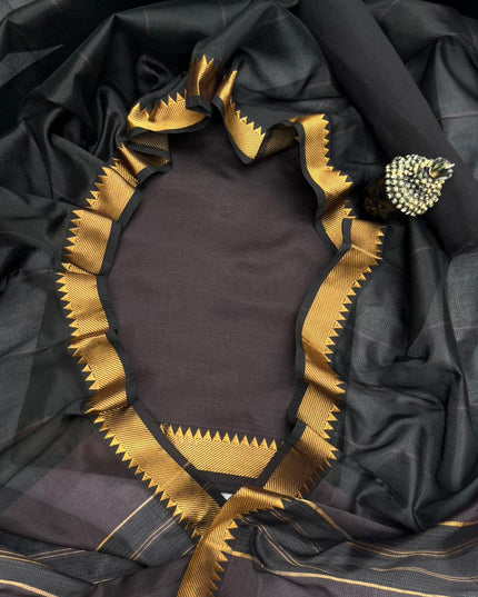 Mangalagiri Semi Pattu Dress Material with Zari Border – Dark Chocolate Colour