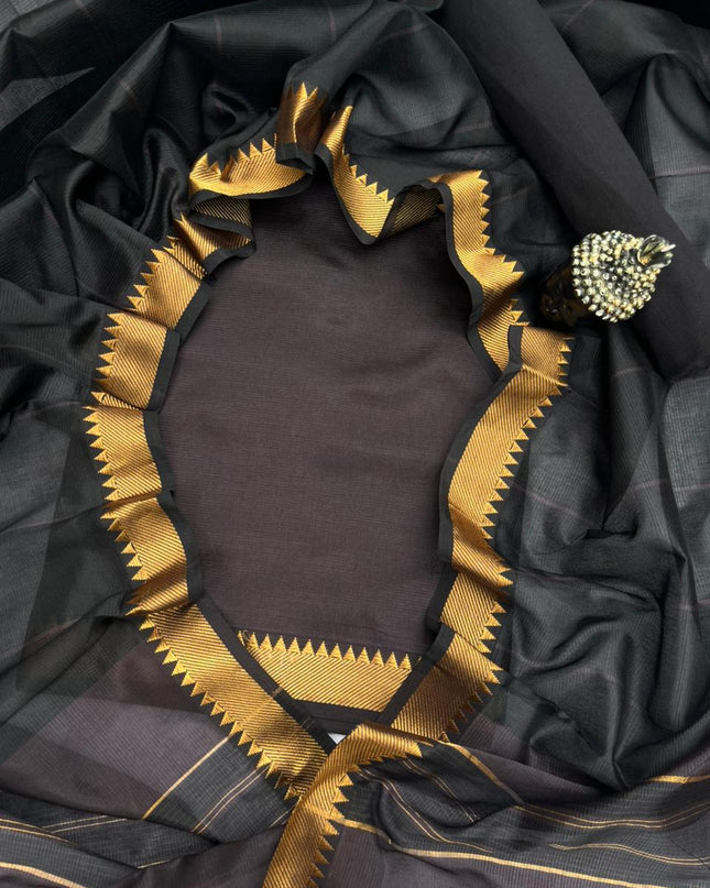 Mangalagiri Semi Pattu Dress Material with Zari Border – Dark Chocolate Colour