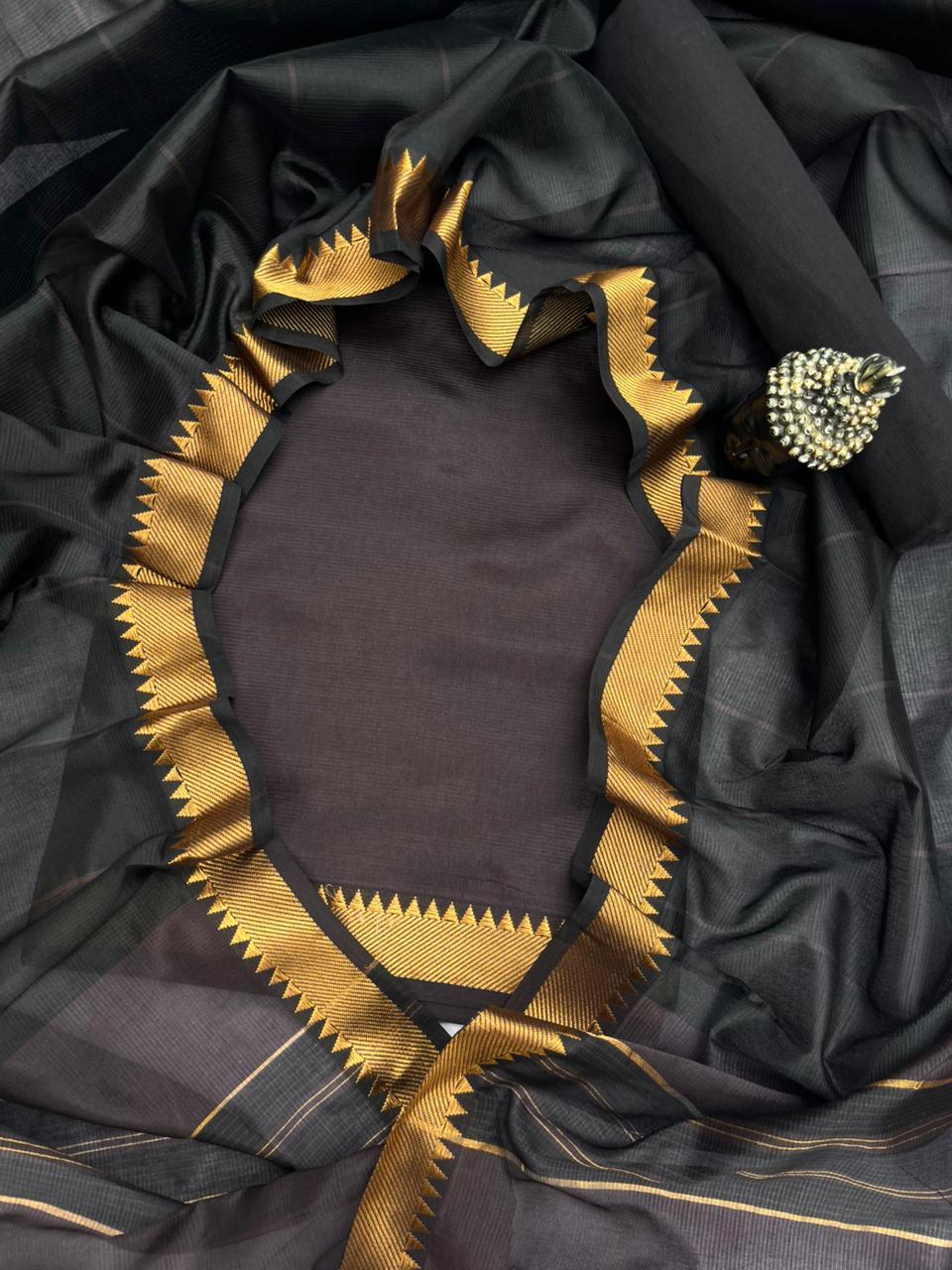 Mangalagiri Semi Pattu Dress Material with Zari Border – Dark Chocolate Colour