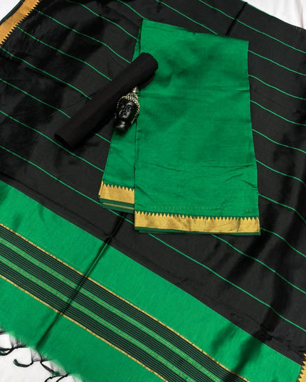 Mangalagiri Semi Pattu Dress Material with Zari Border – Green Colour