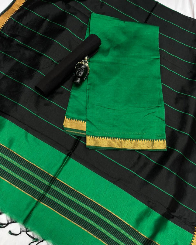 Mangalagiri Semi Pattu Dress Material with Zari Border – Green Colour