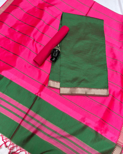Mangalagiri Semi Pattu Dress Material with Zari Border – Green Colour