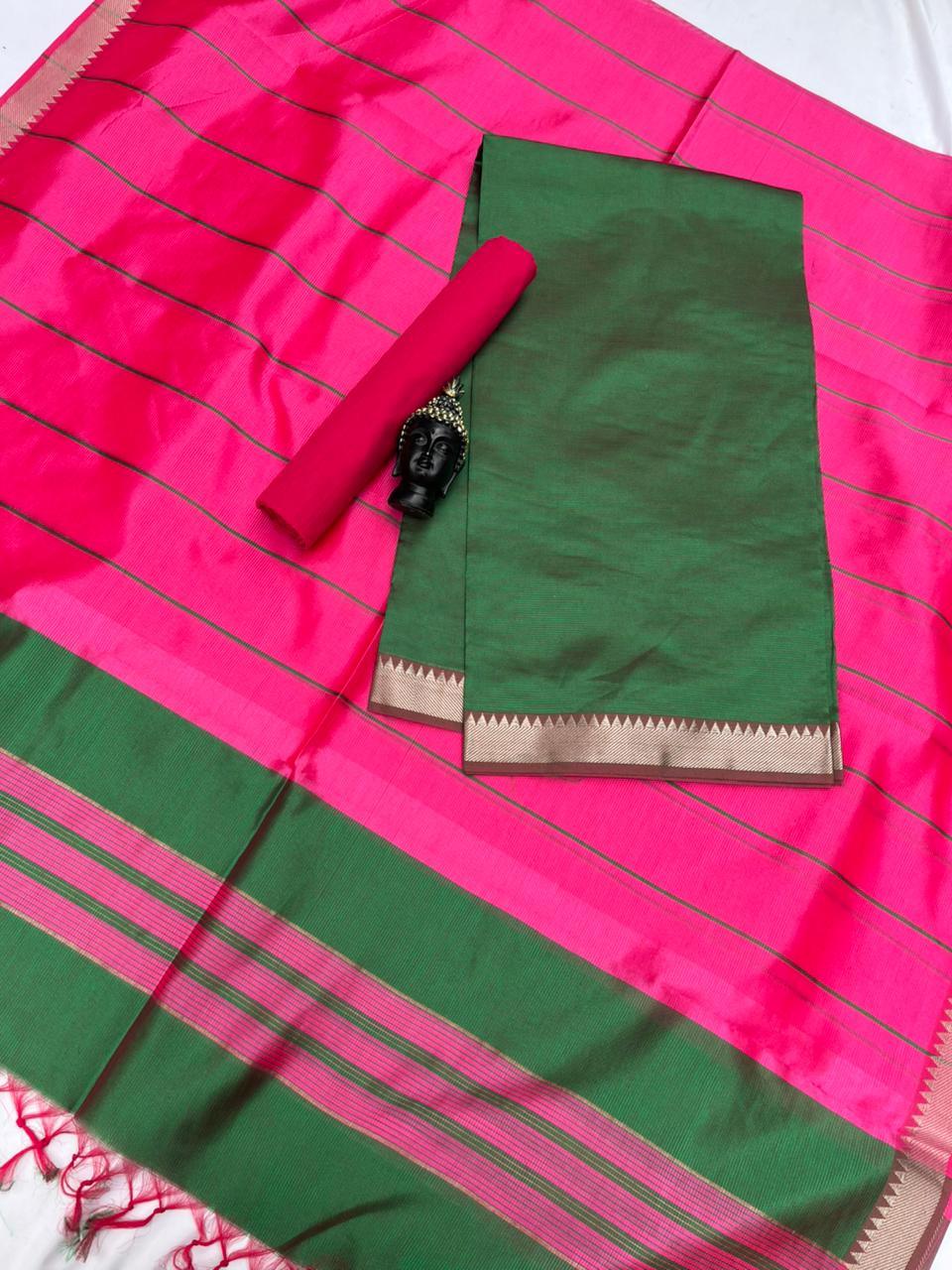 Mangalagiri Semi Pattu Dress Material with Zari Border – Green Colour