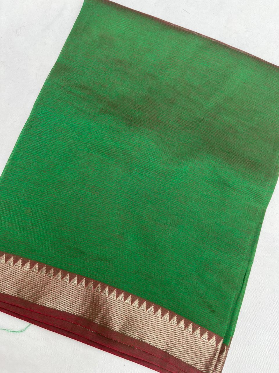 Mangalagiri Semi Pattu Dress Material with Zari Border – Green Colour