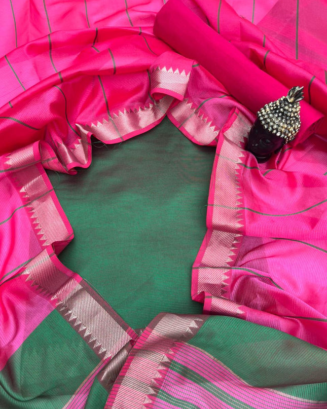 Mangalagiri Semi Pattu Dress Material with Zari Border – Green Colour