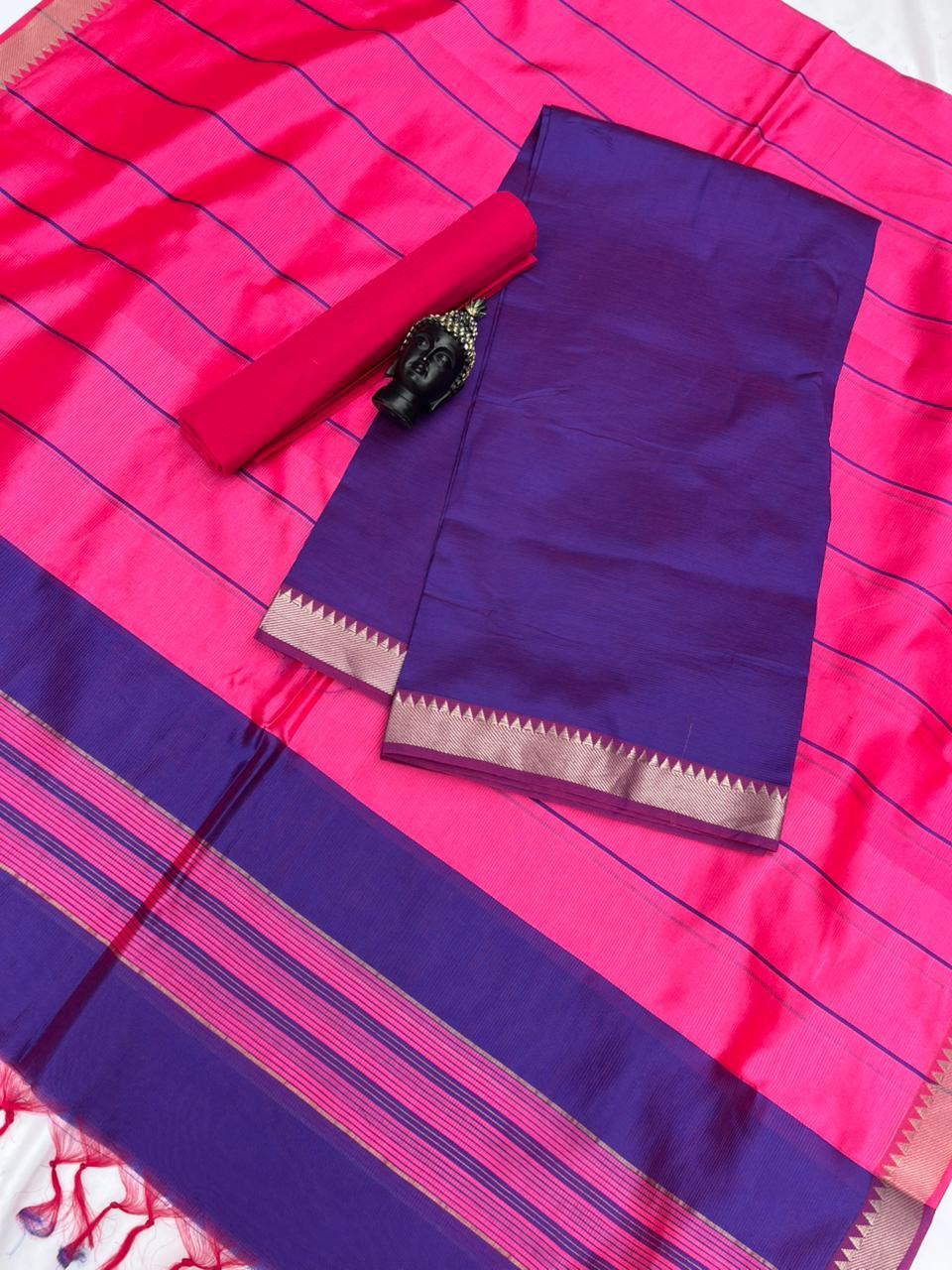 Mangalagiri Semi Pattu Dress Material with Zari Border – Blue Colour
