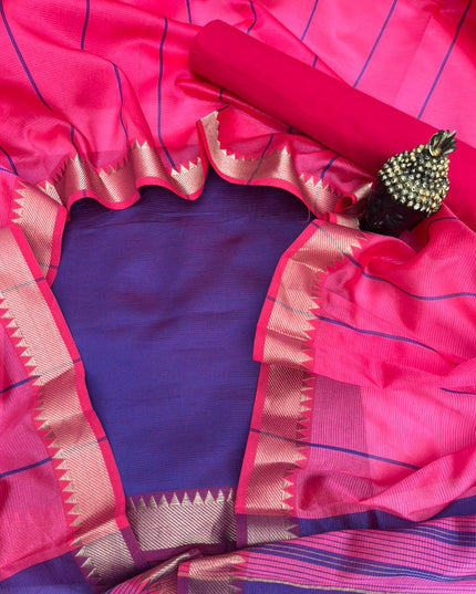 Mangalagiri Semi Pattu Dress Material with Zari Border – Blue Colour