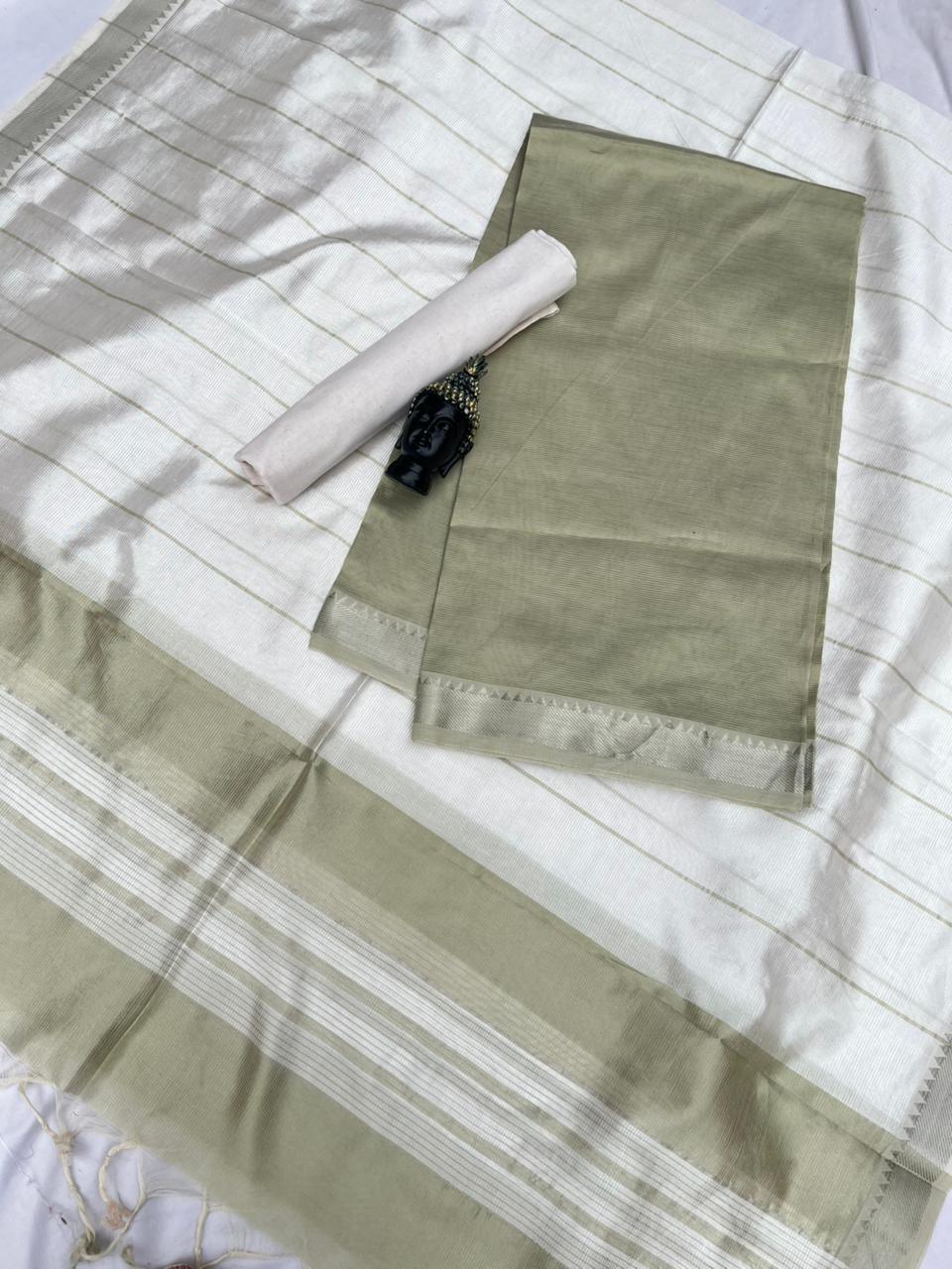 Mangalagiri Semi Pattu Dress Material with Zari Border – Pale pine Colour