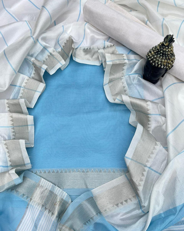 Mangalagiri Semi Pattu Dress Material with Zari Border – Sky Blue Colour
