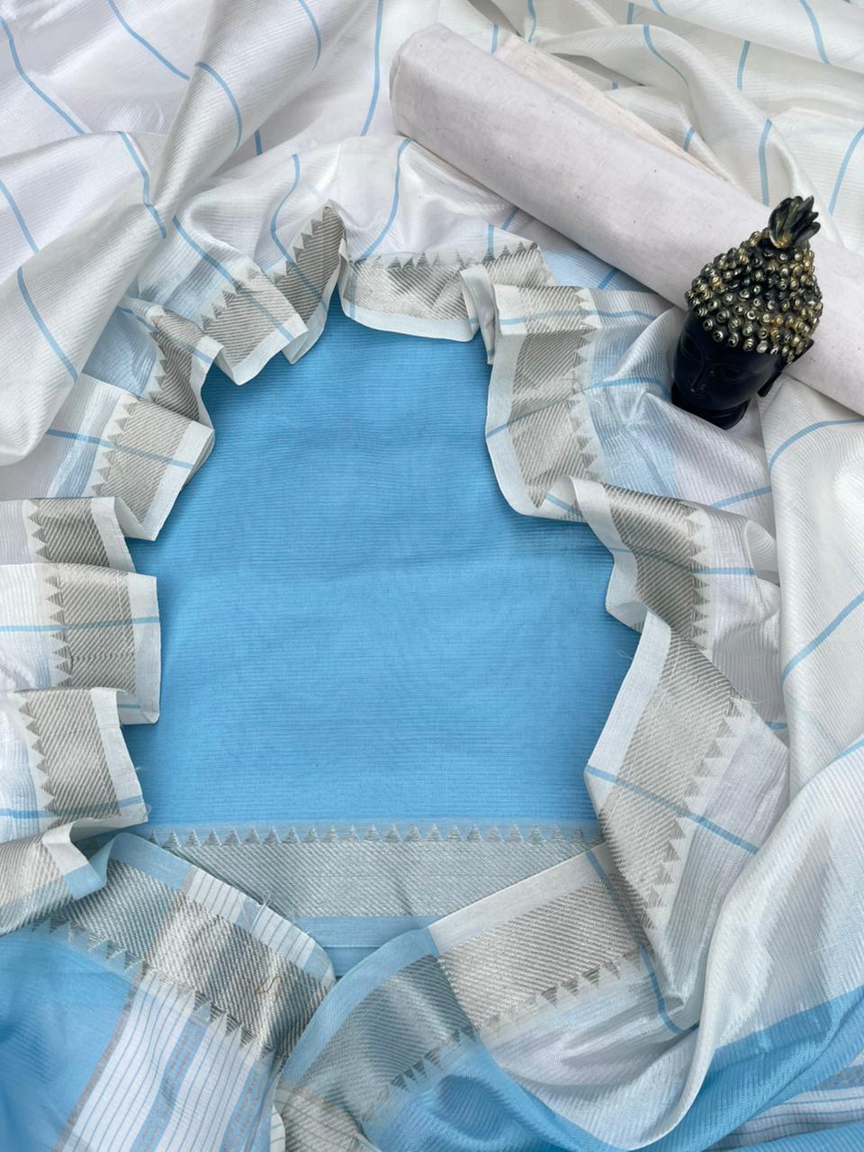 Mangalagiri Semi Pattu Dress Material with Zari Border – Sky Blue Colour
