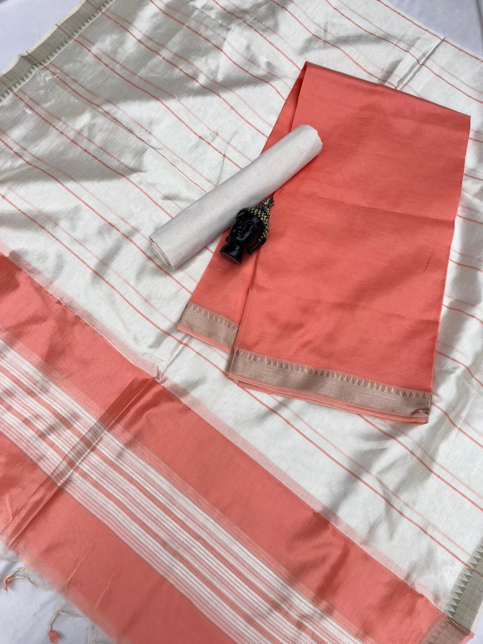 Mangalagiri Semi Pattu Dress Material with Zari Border – Orange Colour
