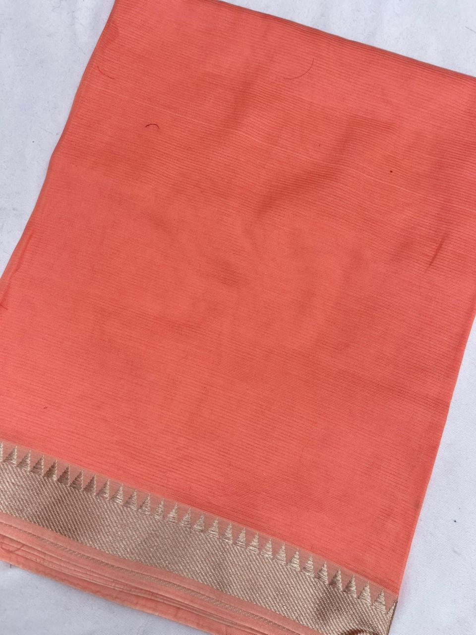 Mangalagiri Semi Pattu Dress Material with Zari Border – Orange Colour