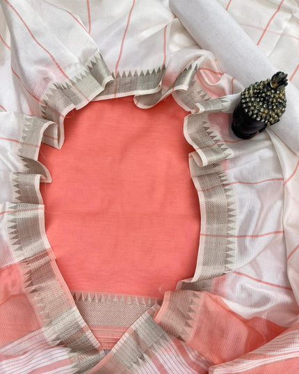 Mangalagiri Semi Pattu Dress Material with Zari Border – Orange Colour