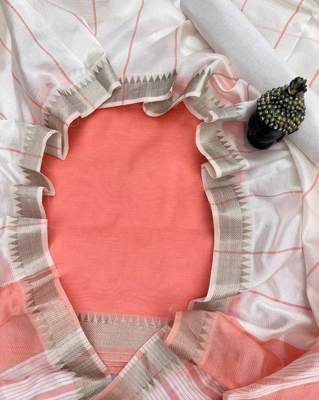 Mangalagiri Semi Pattu Dress Material with Zari Border – Orange Colour