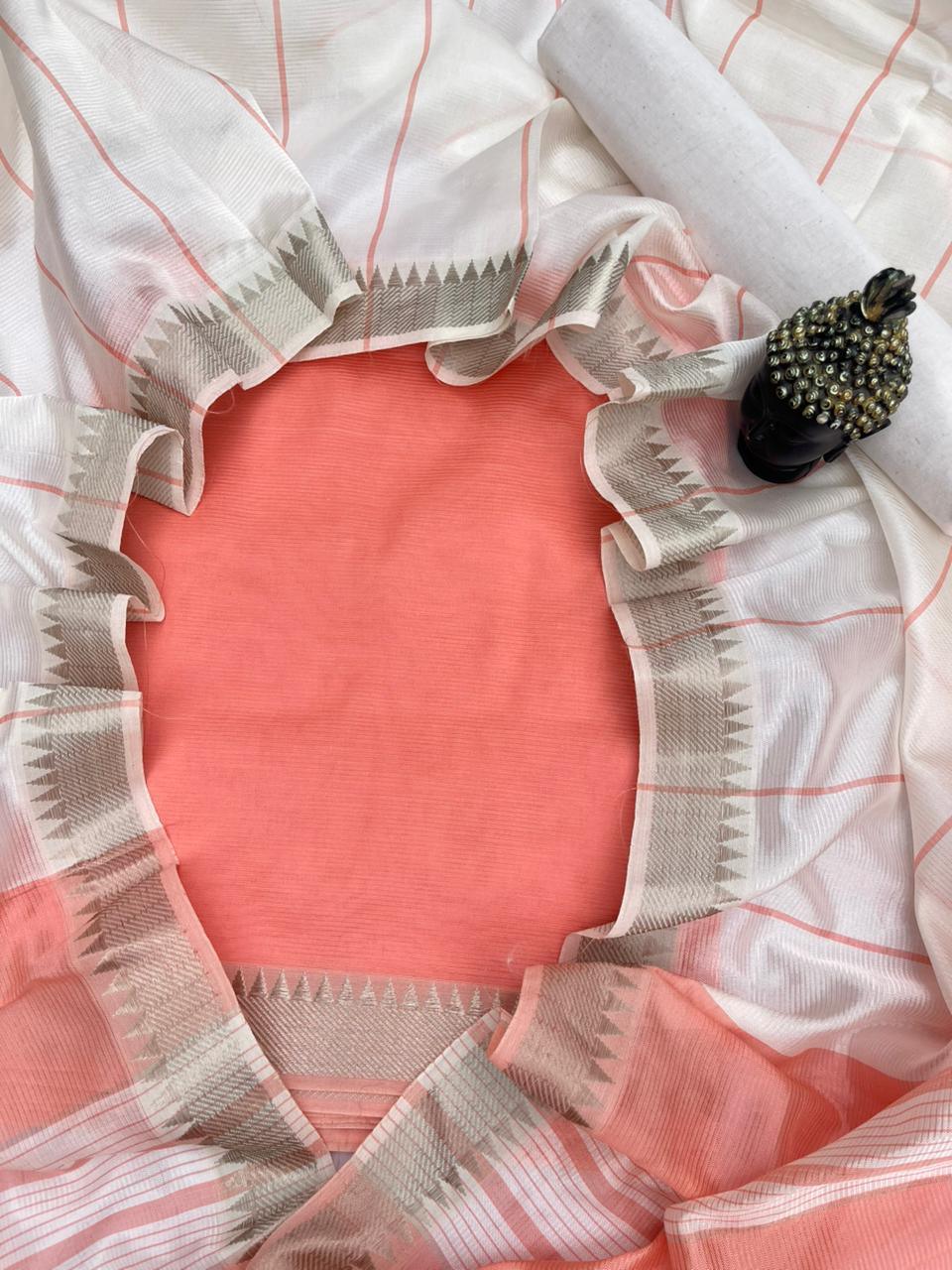 Mangalagiri Semi Pattu Dress Material with Zari Border – Orange Colour