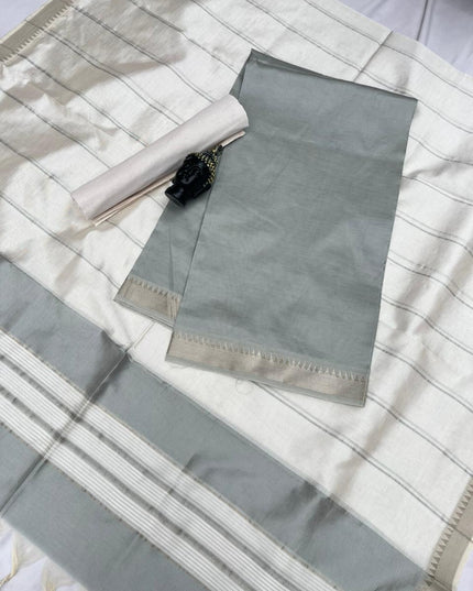 Mangalagiri Semi Pattu Dress Material with Zari Border – Gray Colour