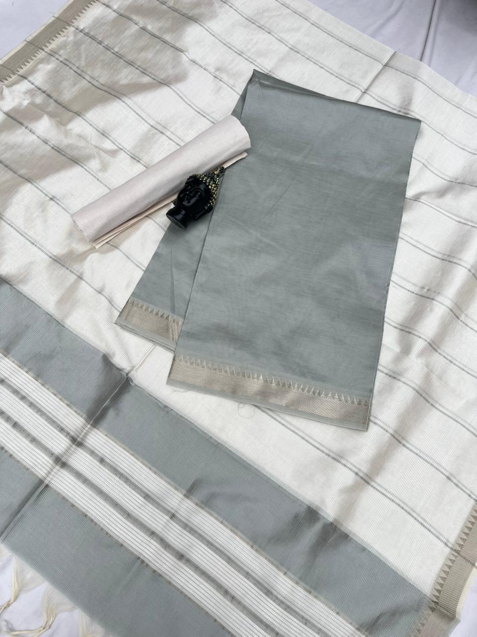 Mangalagiri Semi Pattu Dress Material with Zari Border – Gray Colour