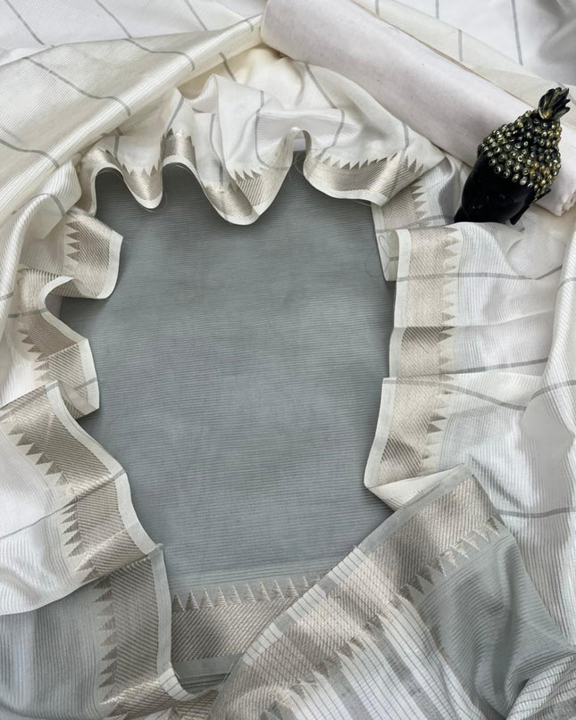 Mangalagiri Semi Pattu Dress Material with Zari Border – Gray Colour