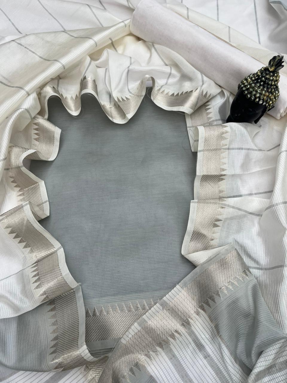 Mangalagiri Semi Pattu Dress Material with Zari Border – Gray Colour