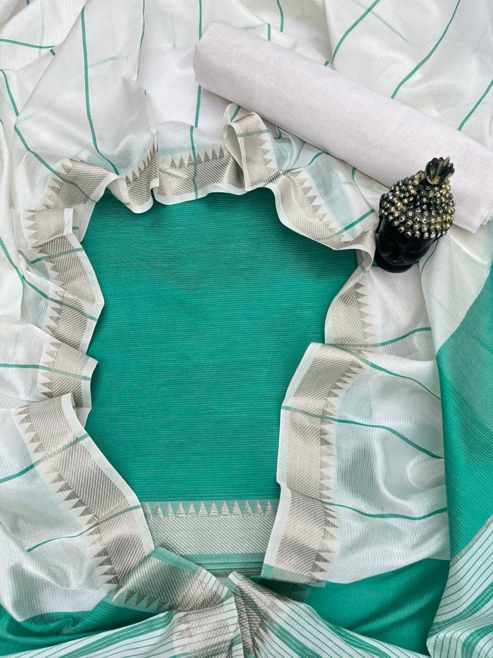 Mangalagiri Semi Pattu Dress Material with Zari Border – Light Sea Green Colour
