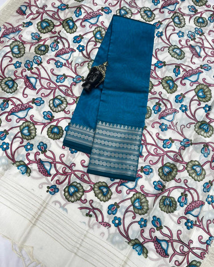 Mangalagiri Semi Pattu Dress Material with Zari Border – Blue Colour Top & Dupatta - 2pc set