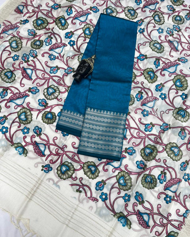 Mangalagiri Semi Pattu Dress Material with Zari Border – Blue Colour Top & Dupatta - 2pc set
