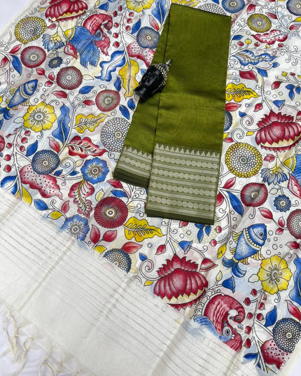 Mangalagiri Semi Pattu Dress Material with Zari Border – Pesara Green Colour Top & Dupatta - 2pc set