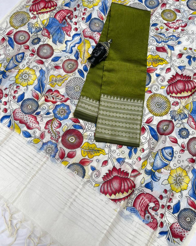 Mangalagiri Semi Pattu Dress Material with Zari Border – Pesara Green Colour Top & Dupatta - 2pc set