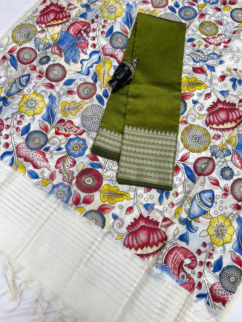 Mangalagiri Semi Pattu Dress Material with Zari Border – Pesara Green Colour Top & Dupatta - 2pc set