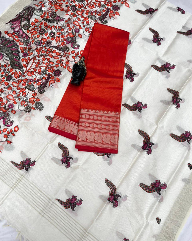 Mangalagiri Semi Pattu Dress Material with Zari Border – Orange Colour Top & Dupatta - 2pc set