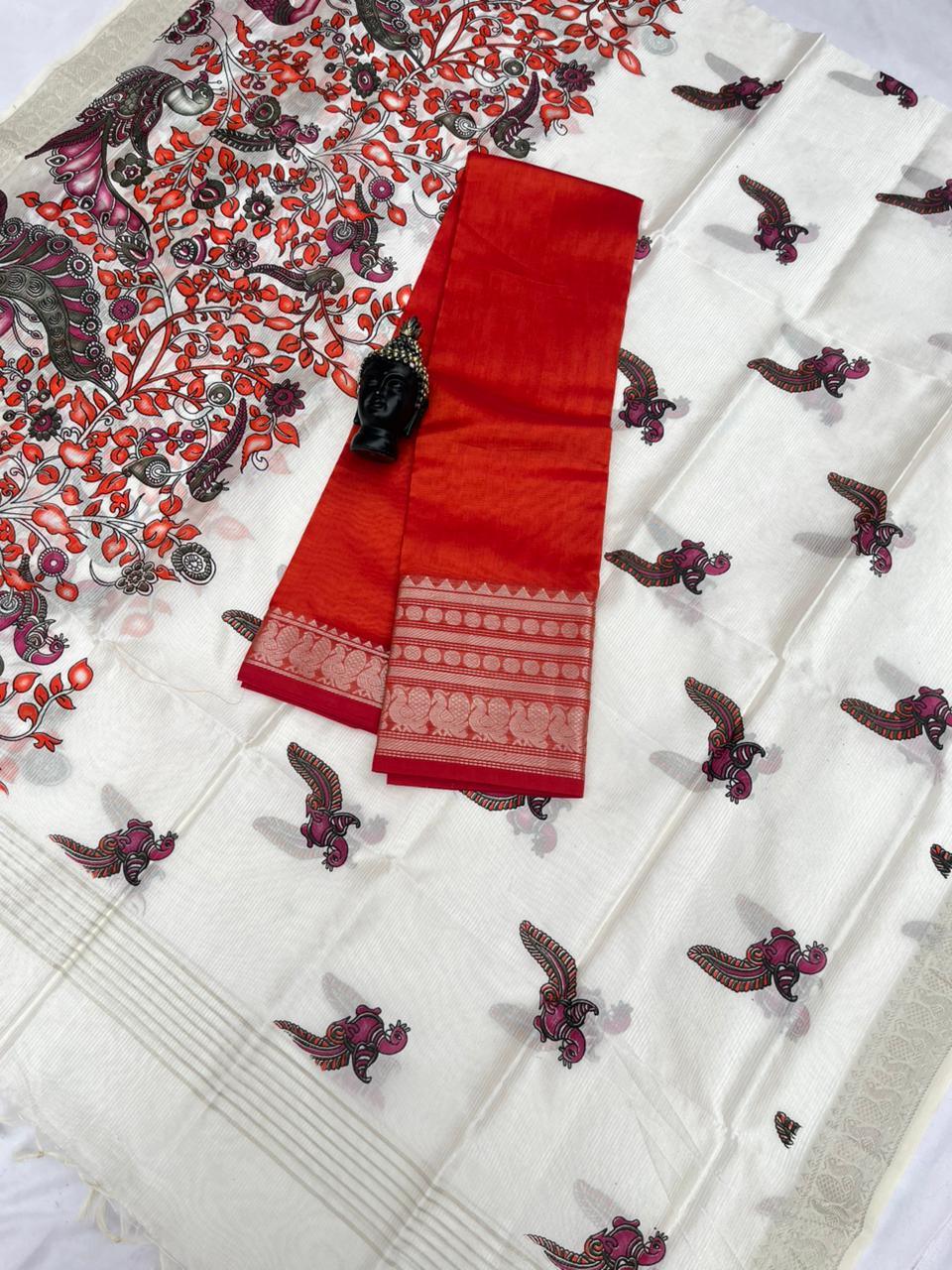 Mangalagiri Semi Pattu Dress Material with Zari Border – Orange Colour Top & Dupatta - 2pc set