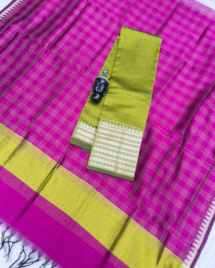 Mangalagiri Semi Pattu Dress Material with Zari Border – Green Colour Top & Dupatta - 2pc set